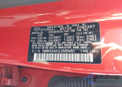 2020 Hyundai Kona Sel Plus z USA, uszkodzony, nr VIN KM8K62AA1LU585481